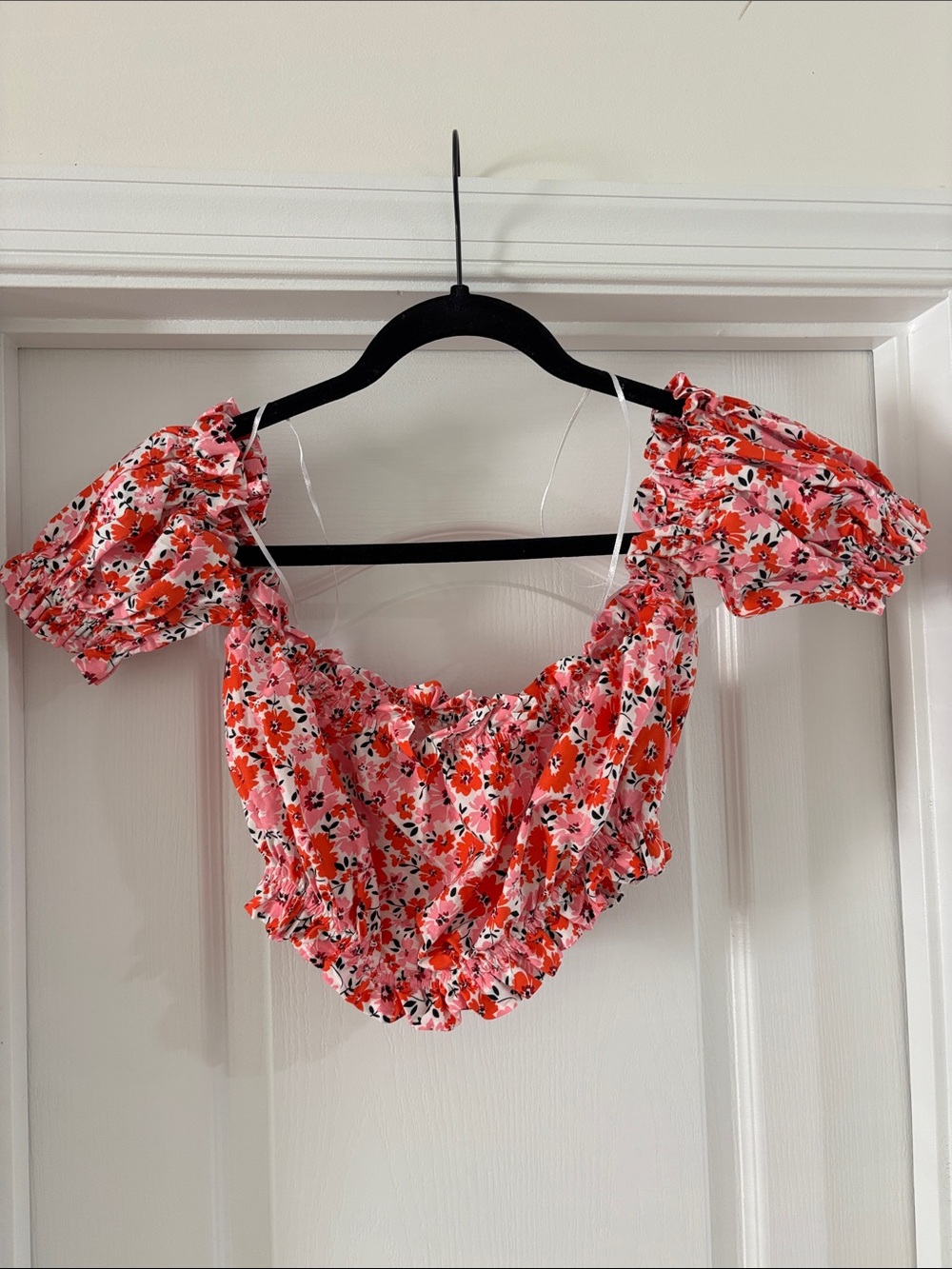 Princess Polly Pink and Red Floral Puff-Sleeve Crop Top